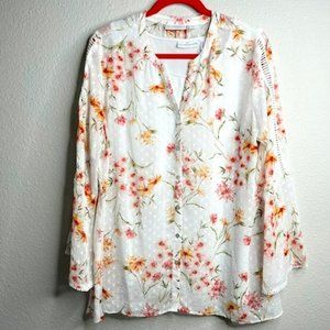 Susan Graver Printed Sheer White Button Front Shirt and Knit Tank Set Sz L